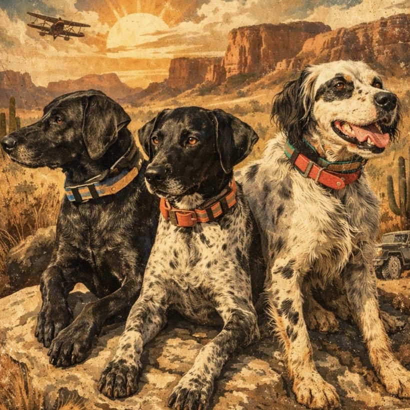 Three 3Dogs working dogs in the desert Southwest